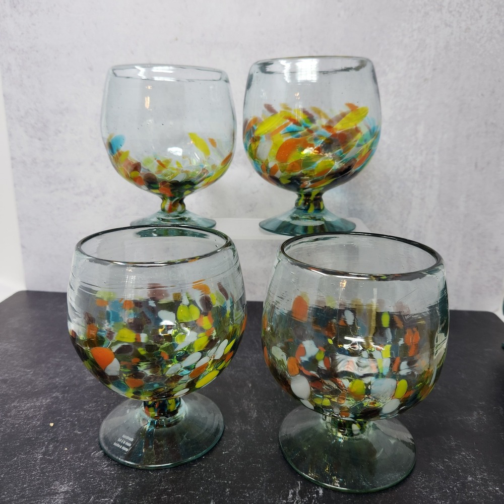 Vtg Brandy Snifters Hand Blown‎ Mexican Glass Crate and Barrel Bubbles Confetti
